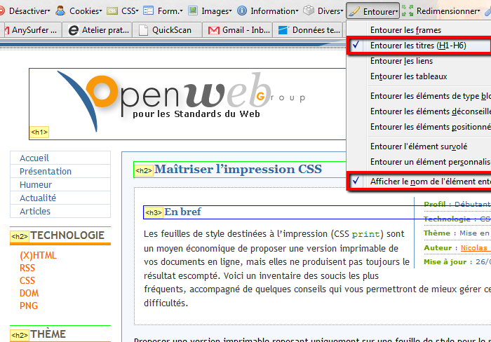 visualiser les titres avec la barre d'outils web developer