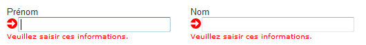 champs Prénom et nom avec icône d'erreur et texte d'erreur