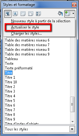 fenêtre Styles et formattage