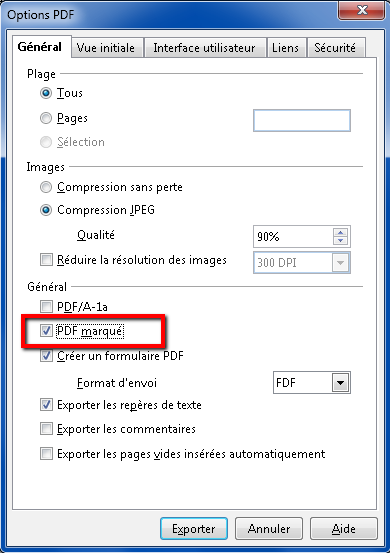 Fenêtre Options PDF, onglet 'Général' qui apparait lorsque l'on exporte le fichier vers PDF (avec case à cocher 'PDF marqué')