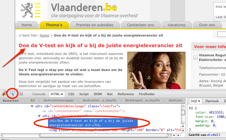 Koppen bekijken met Firebug