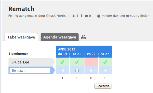 Doodle tabelweergave ja/nee opties