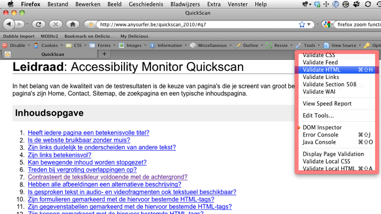 screenshot web developer toolbar, optie validate HTML