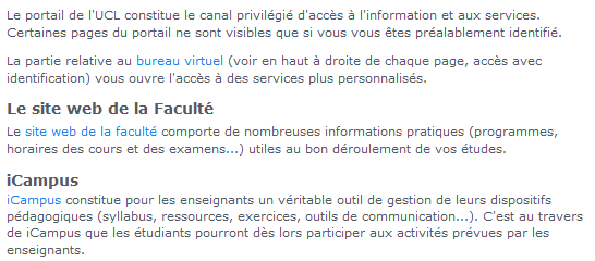 paragraphe sur le site de l'UCLcontenant des liens en bleu dans du texte noir