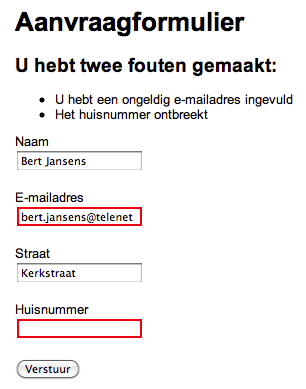 Schermafbeelding van een formulier met validatieboodschappen