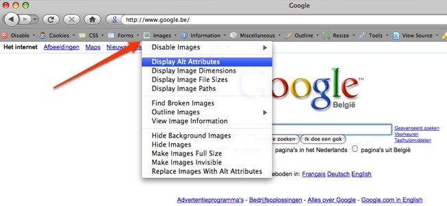 Alt-attributen weergeven met de Web Developer Toolbar