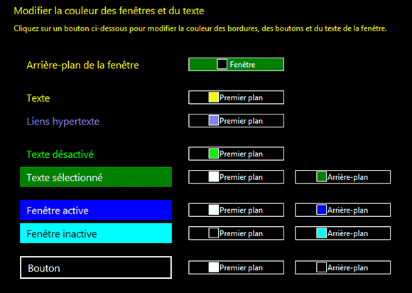 menu de configuration en haut contraste