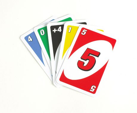4 UNO-kaarten : rood, groen, geel en blauw
