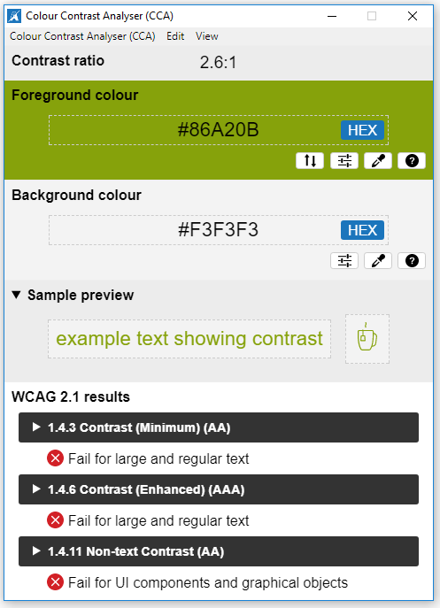 contrast meting met color contrast analyzer = 2,6