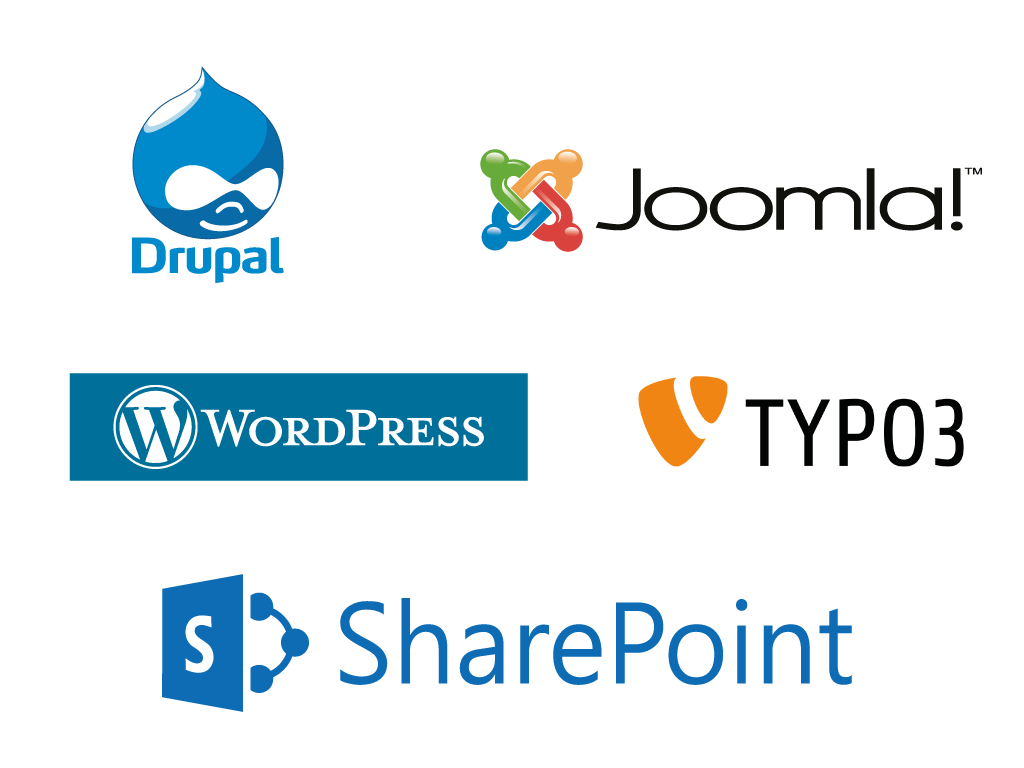logo Drupal, Typo3, Sharepoint, Wordpress en Joomla