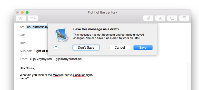 dialoogvenster mail app save message as draft
