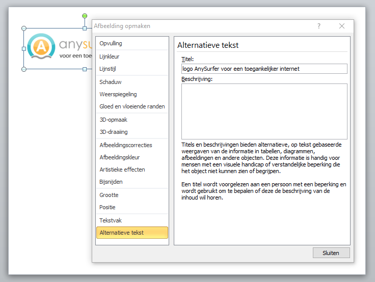 screenshot powerpoint dialoogvenster alt-tekst met veld titel en beschrijving