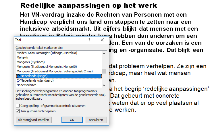 dialoogvenster taal Word