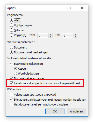 dialoogvenster export naar pdf met markering checkbox labels voor toegankelijkheid