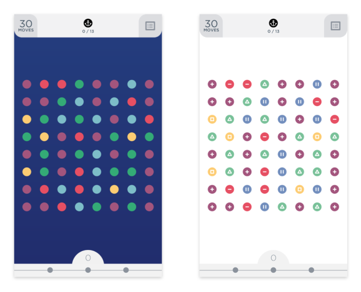 Two Dots: spel om bolletjes te verbinden. Links enkel kleur. Rechts ook vorm