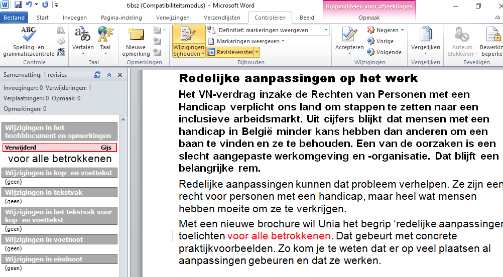 voorbeeld wijzigingen bijhouden in Word 2010, een zin verwijderd in Tibsz magazine