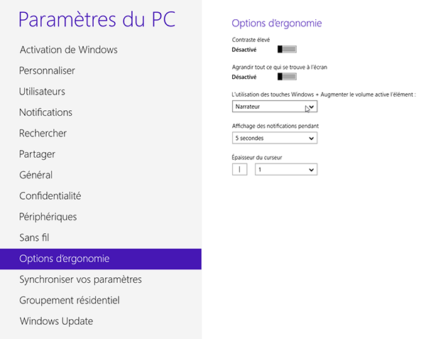 Paramètres - Options d'ergonomie