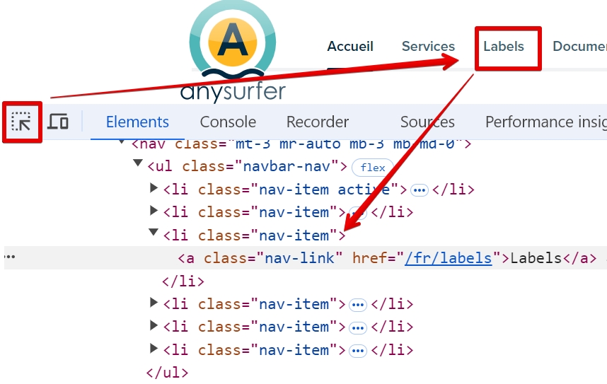 inspection d'une liste (menu AnySurfer) avec les devtools