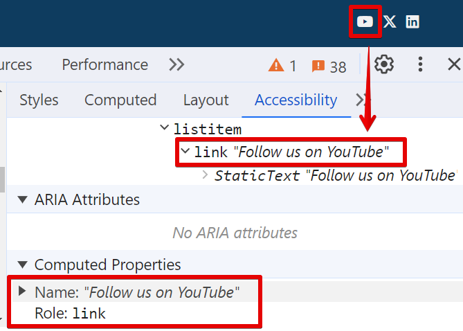 Youtube icon link in a11y tree