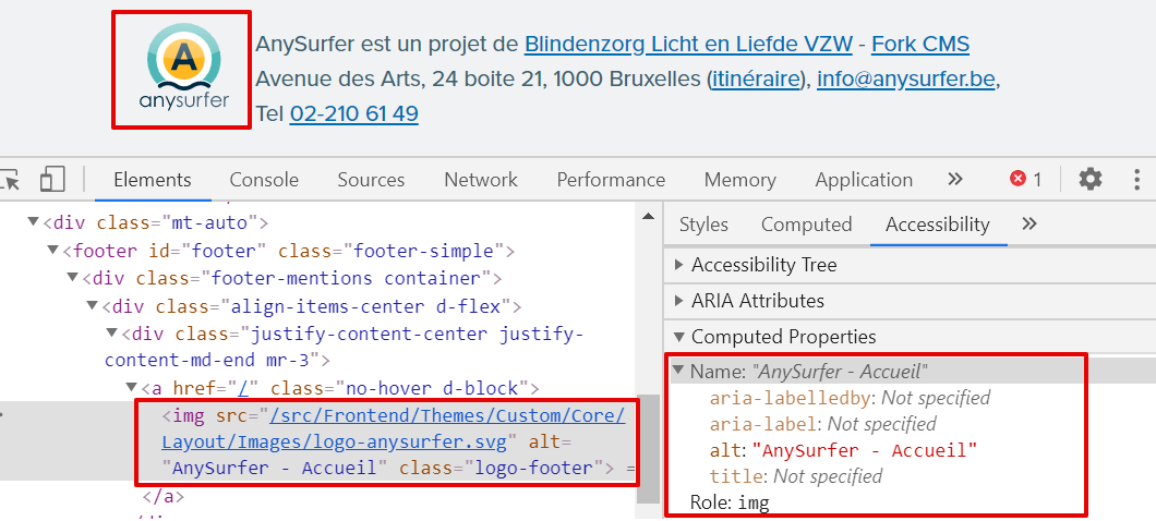 capture d'écran du logo dans Chrome avec le code HTML correspondant et le contenu de l'accessibility tree