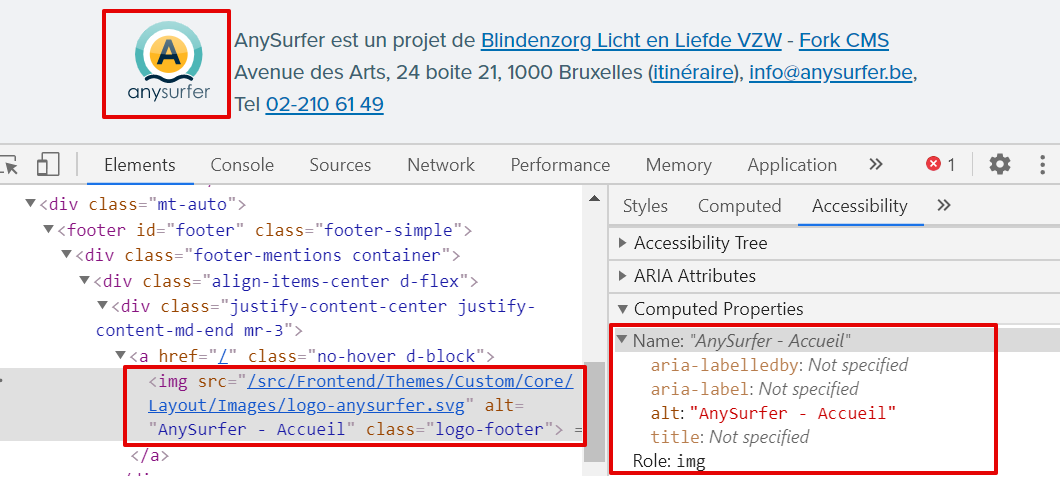 screenshot van het logo in Chrome met de overeenkomstige HTML-code en de inhoud van de accessibility tree