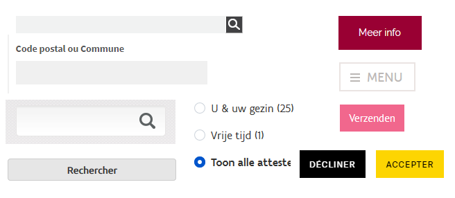 verschillende afbeeldingen van zoekvensters, invoervelden, checkbox-lijst, buttons om te verzenden, hamburgermenu voor mobiele versie.