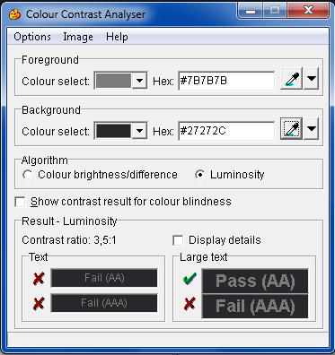 Measuring contrast with the Colour Contrast Analyser (results=3,5:1)