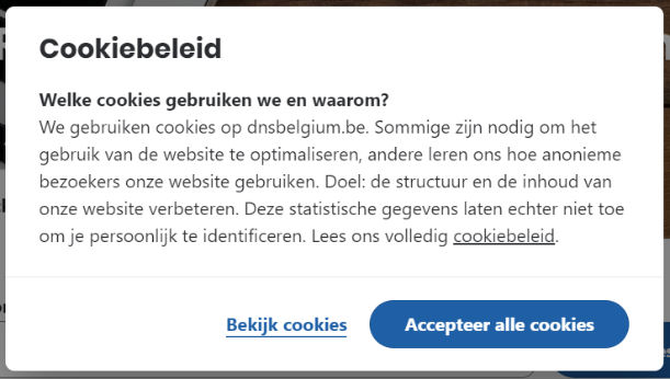 Modaal venster Cookiebeleid op de site van DNS Belgium