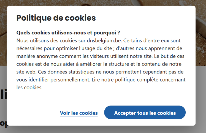 Fenêtre modale Politique de cookies sur le site de DNS Belgium