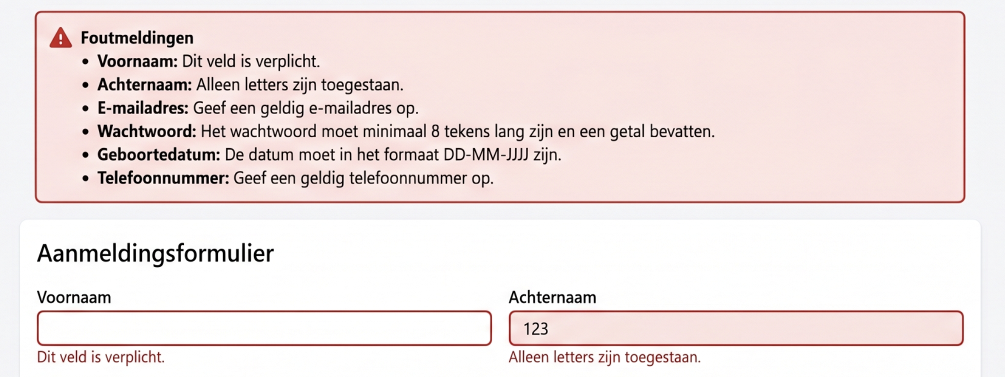 lijst met foutmeldingen boven formulier