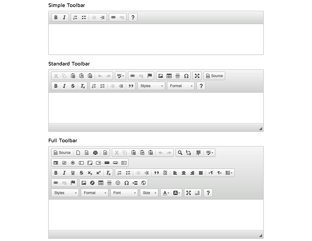 full, standard en simple CK-editor toolbar