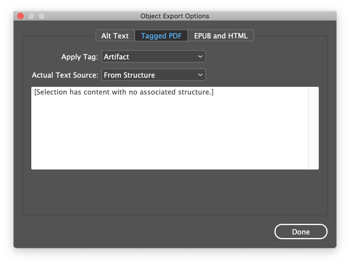 fenêtre de dialogue 'object export options', onglet 'Tagged PDF'