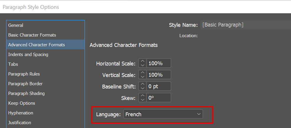 Fenêtre 'Advanced character formats' avec liste déroulante 'Language'