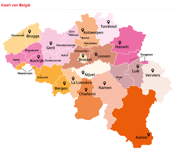 kaart van België waarop de locaties van de werkloosheidsbureaus van de RVA staan