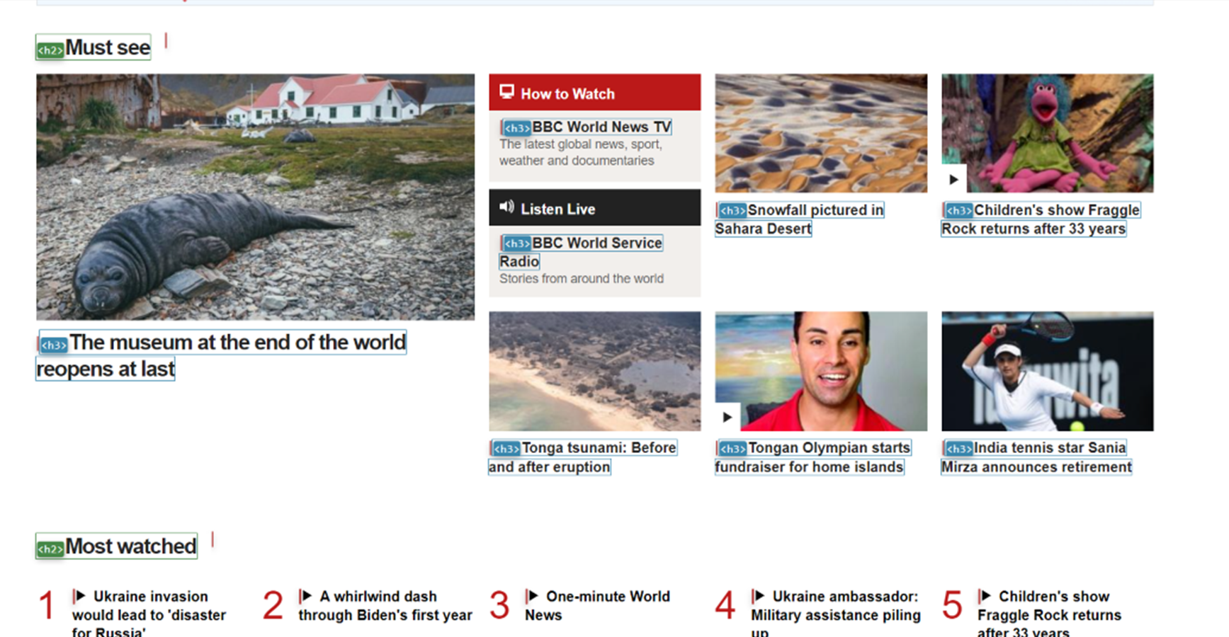 screenshot outline headings van de homepagina BBC News