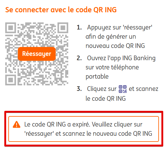 capture d'écran d'un code QR expiré avec notification
