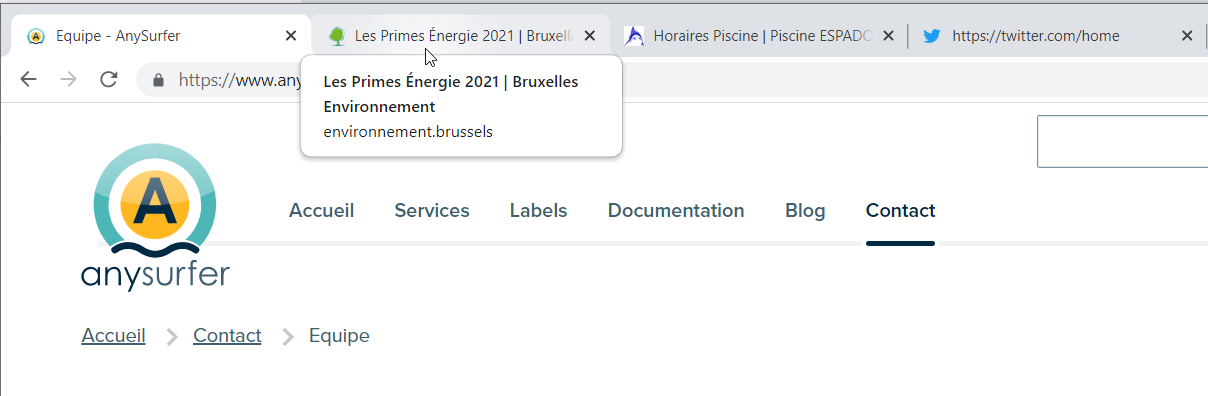 4 onglets dans Chrome: équipe AnySurfer, primes 2021 Bxl environnement, horaires de la piscine Espadon, twitter home