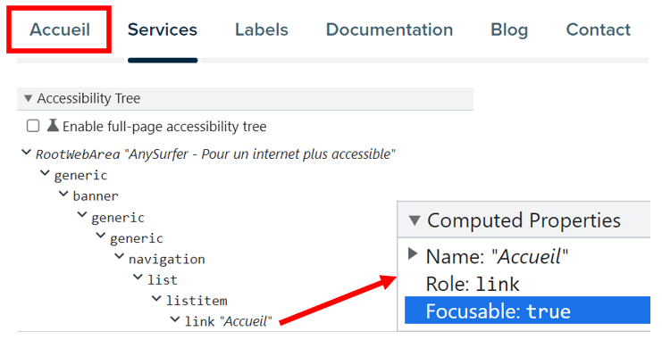 Captures d'écran : menu AnySurfer avec lien accueil, 'link Accueil' dans l'accessibility tree (devtools), et computed properties : name=accueil, role=link, focusable=true