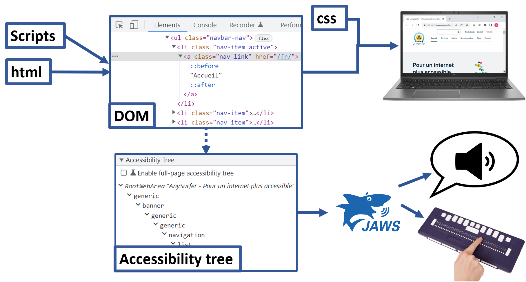 l'accessibility tree est créé à partir du DOM, le lecteur d'écran JAWS utilise l'accessibility tree pour restituer l'info en braille et sous forme de son