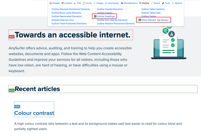 Titels bekijken met de web developer toolbar